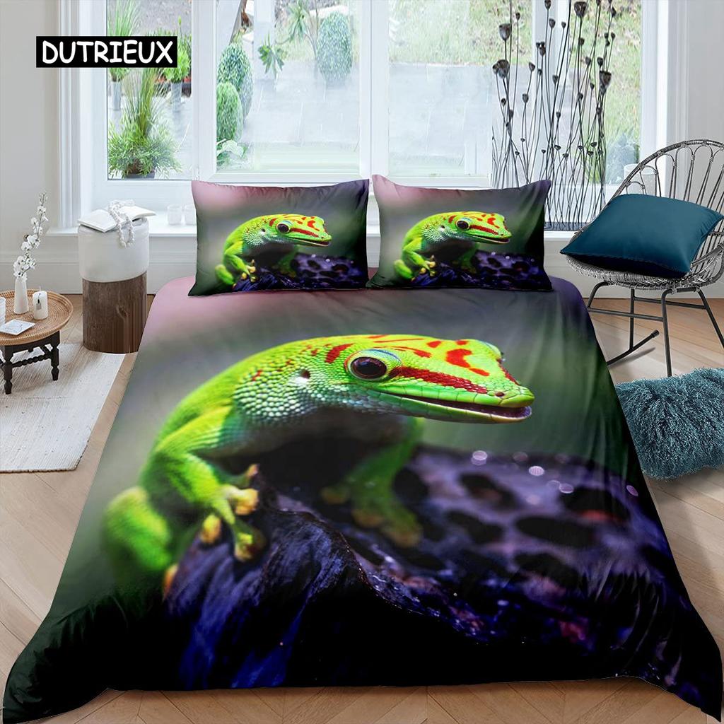 Chameleon Duvet Cover Set 3D Wild Animal Theme Twin Bedding Set Wildlife Comforter Cover Boys Green Leaf Polyester Quilt Cover