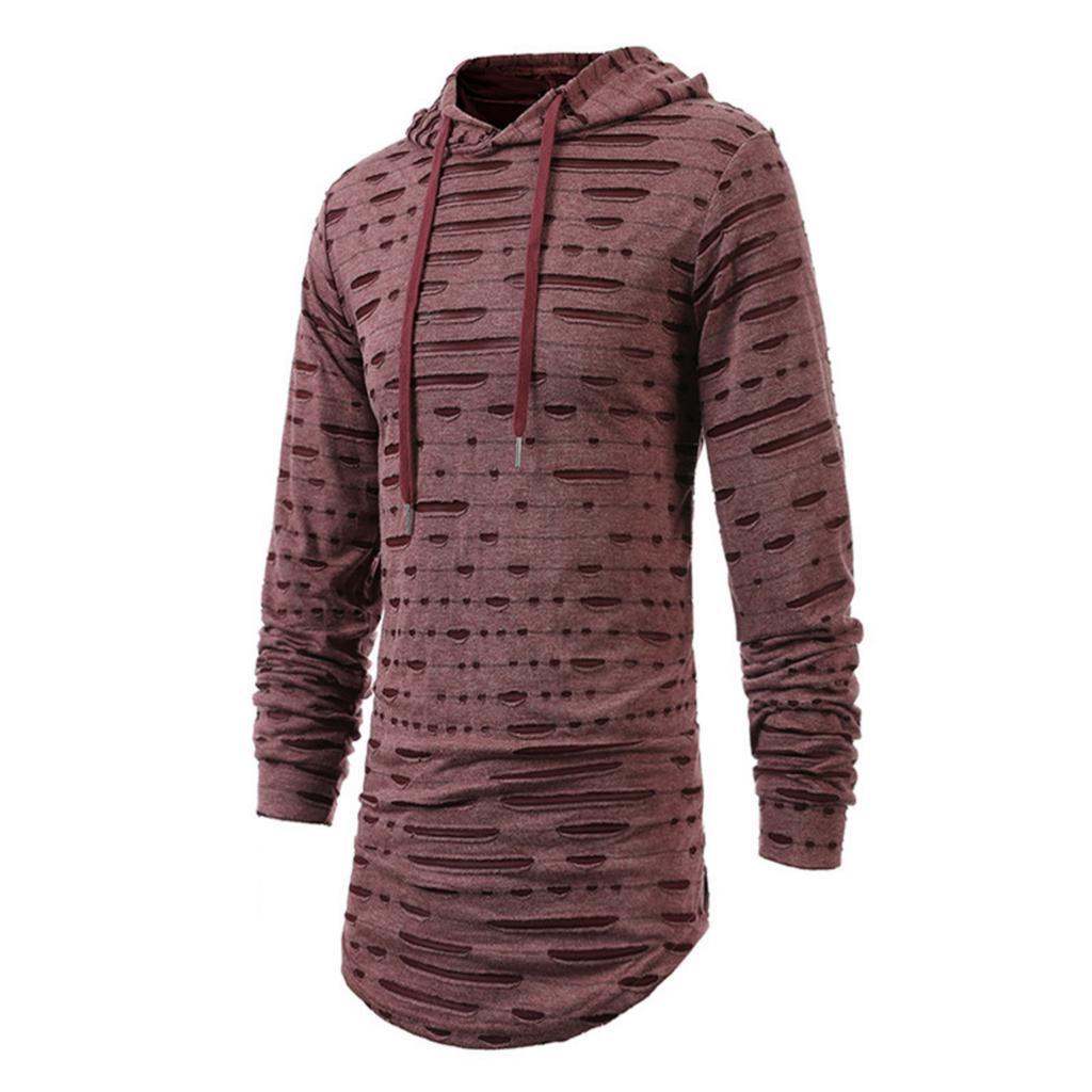 Men's Casual Solid Color Fashionable And Individual Ripped Sweatshirt Men's Mid-length Hooded Sporty Long-sleeved Pullover Top