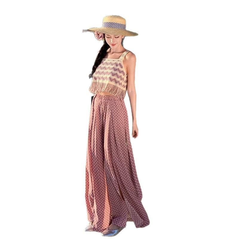 Seaside Wear Suit, Thailand Sanya Vacation Beach Skirt Pants, Bohemian Trousers, Chiffon Wide-leg Trousers, a Complete Set