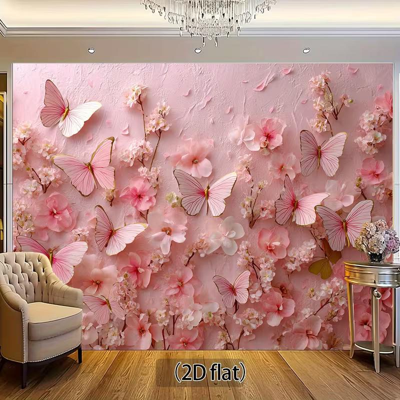 2D Flat Printed Pink Floral Butterfly Tapestry, 3D Effect Flower & Butterfly Photo Banner