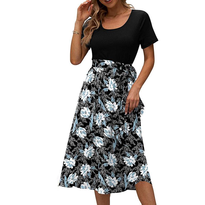 Summer Women's Dress Round Neck Splicing Lace-up Print Short-sleeved Casual Dresses