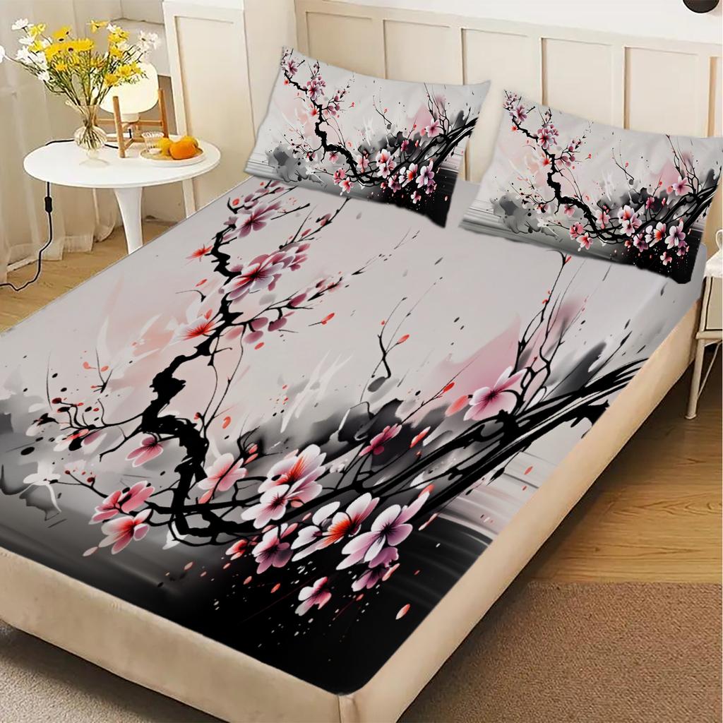 3pcs Cherry Blossom Fitted Sheet 3D Printed Pink And Black Floral Pattern Flat Sheet With Pillowcases No Filling Vivid Visual