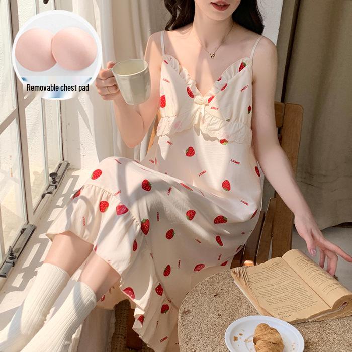 

2026 Summer Spaghetti Strap Nightgown for Women, Woven Cloud Cotton, Bra Pads, Sweet Long Loungewear Dress with Lapel Medium