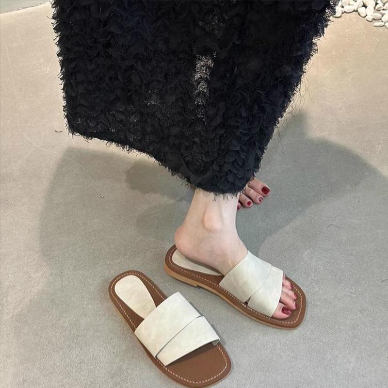 One-shoulder Shoes Feminine Soft Leather Flat Sandals and Slippers