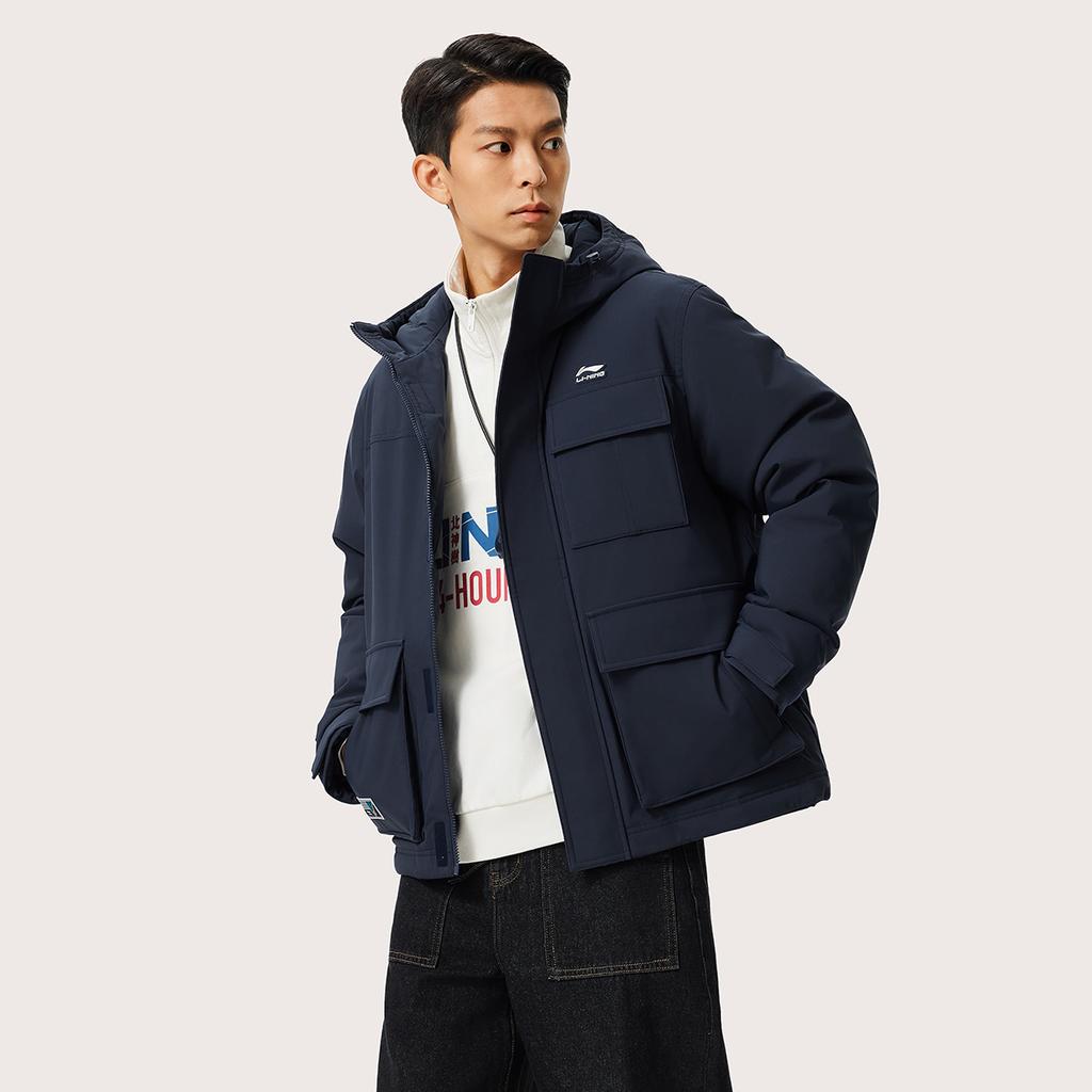 Li Ning Sports Lifestyle Series Logo Hooded Comfortable Warm Cold Resistant Winter Short Zipper Short Down Jacket Men Outerwear AYMU363-4