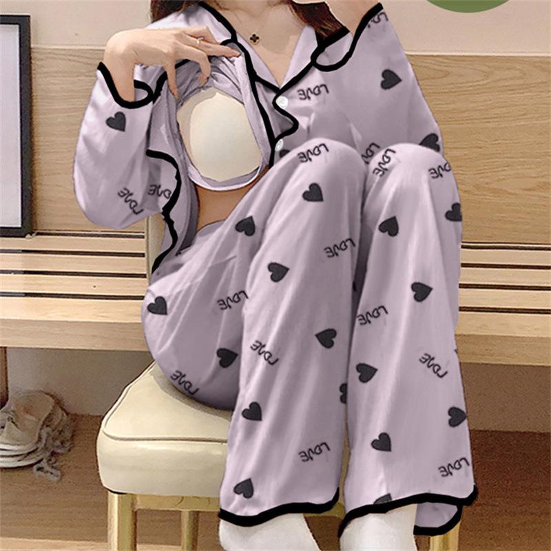 Cartoon Pajamas with Chest Pad for Women In Spring and Autumn Thin Cardigan Long Sleeves Trousers Sweet and Cute Home Clothing Set