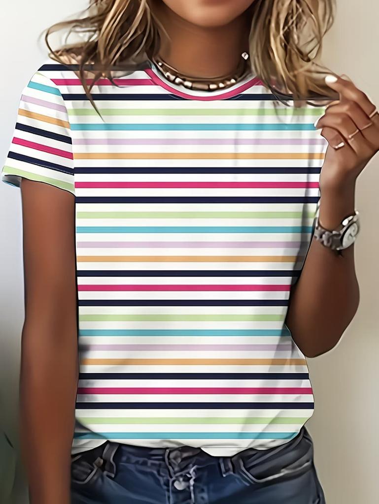 Women's Contrasting Striped Printed T-Shirt Round Neck Loose Short Sleeved Fashion Simple Commuting Top Y2k Tee Woman Clothing