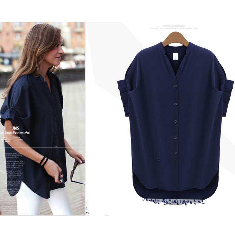 

Loose New European and American Personalized In Stock Fat Sister Oversized Short Sleeve Shirt Quality Transparent Cool Fashion Shirt V Neck Dark blue L