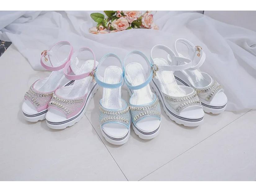 Γυναικεία Καλοκαιρινά Σανδάλια Σφήνα - Στρας, Με Μονό Κούμπωμα, Σχέδιο Peep Toe