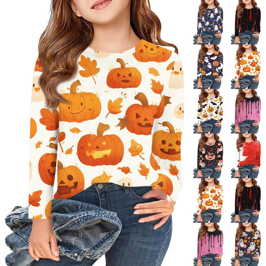 Girls Long Sleeve T Shirts Kids Fall Tops Crewneck Halloween Printed Basic Tees 3-9Y