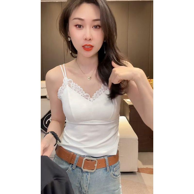 

Summer 2024 New Arrival Women s Pure Desire Sexy Lace Butterfly Back Beauty Back One-Piece Cup V Neck Ice Silk Camisole White Plus size