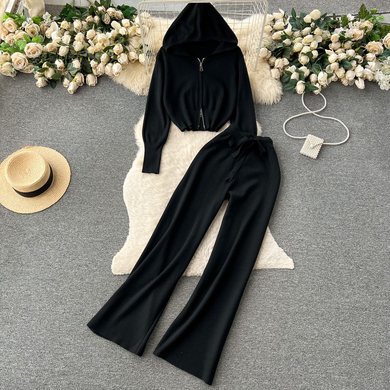 

Sports Hooded Sweater Outwear Shoelace Nipped Waist Knit Sweater Black All yards