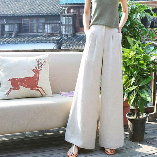 Women's Casual Linen Wide-Leg Pants - Slimming, Loose-Fit Straight-Leg for Summer