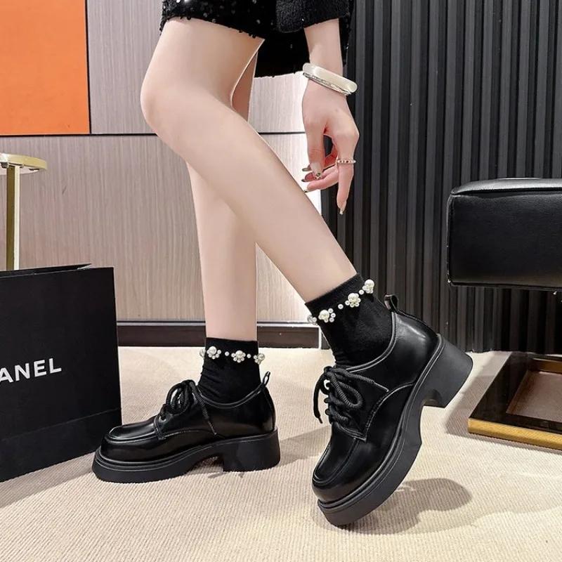 Solid Leather Oxford Shoes for Women Fashion Lace Up Women Shoes Square Mid Heels Platform Shoes Zapatos De Mujer