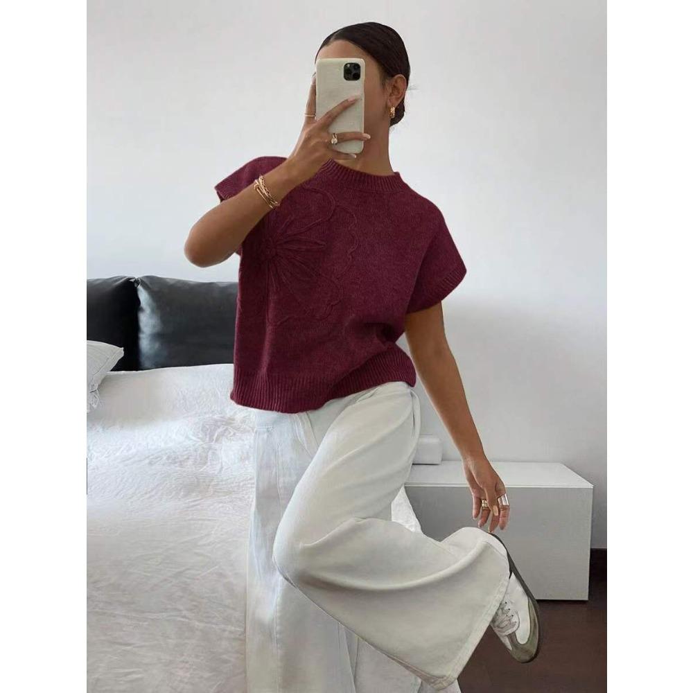 Gilet pull tricoté à col rond avec motif floral 3D élégant pour vêtements pour femmes