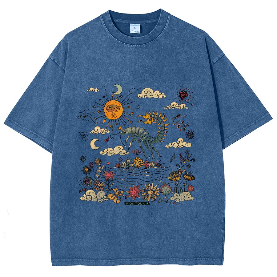 Cartoon Landschaftsdruck Schlichter Stil Damen T-Shirt Unisex Waschung Rundhalsausschnitt Kurzarm Vintage Distressed Basic Tee