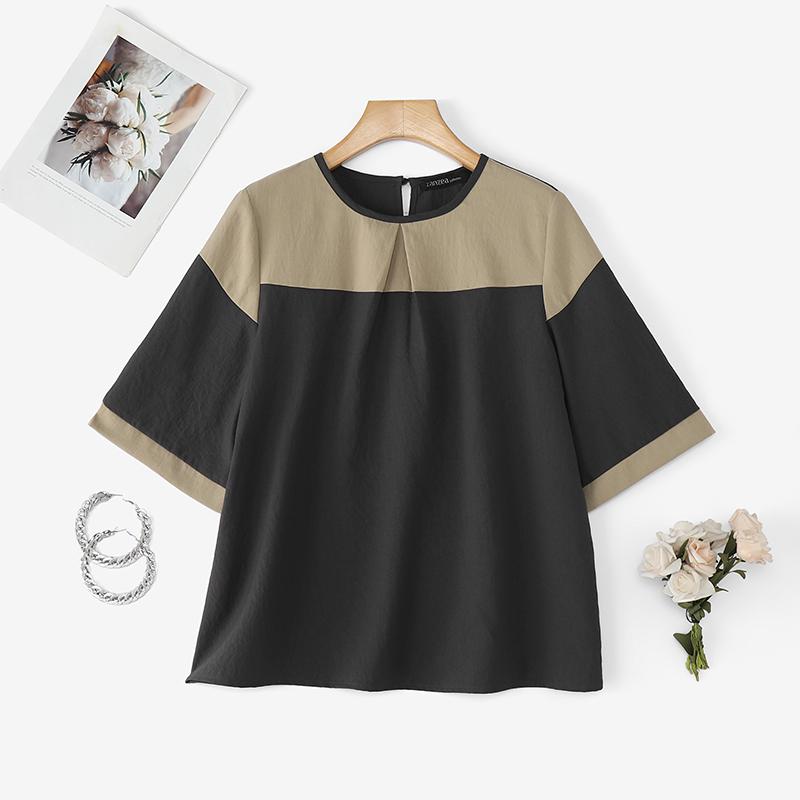 ZANZEA Women Casual Round Neck Loose Patchwork Half Sleeve Blouse