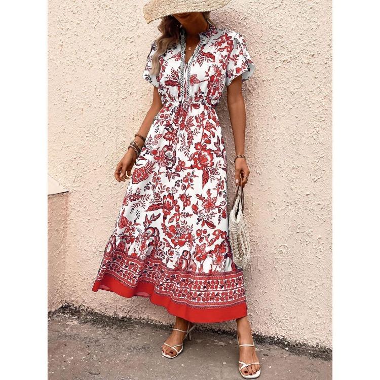 Hot Selling Women's Blue Retro Ethnic Print Vacation Dress Casual Slim Waist Crossbody Apparel Fashion