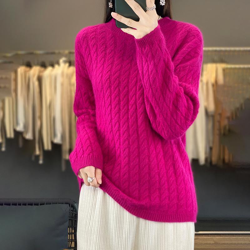 Round Neck 100% Pure Cardigan for Women's Autumn and Winter Solid Color Twist Sweater Loose and Versatile Warm Cashmere Base Shirt