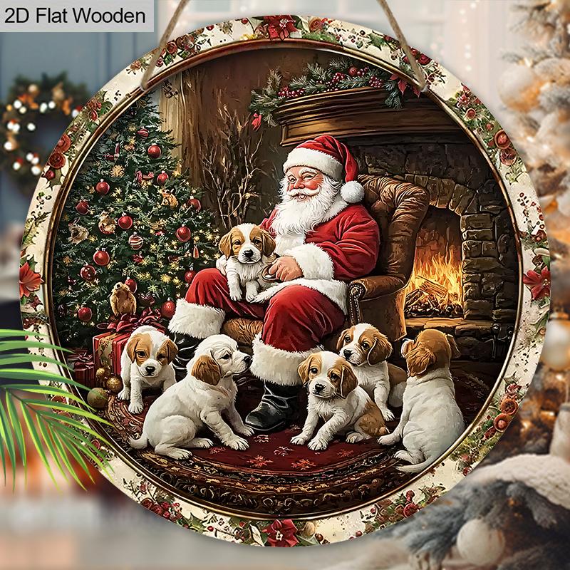 Rustic Christmas Wooden Sign with Santa Claus & Dogs Pattern - Navidad Artwork for Front Door, Wall Hanging Decor - Ideal Christmas Decoration
