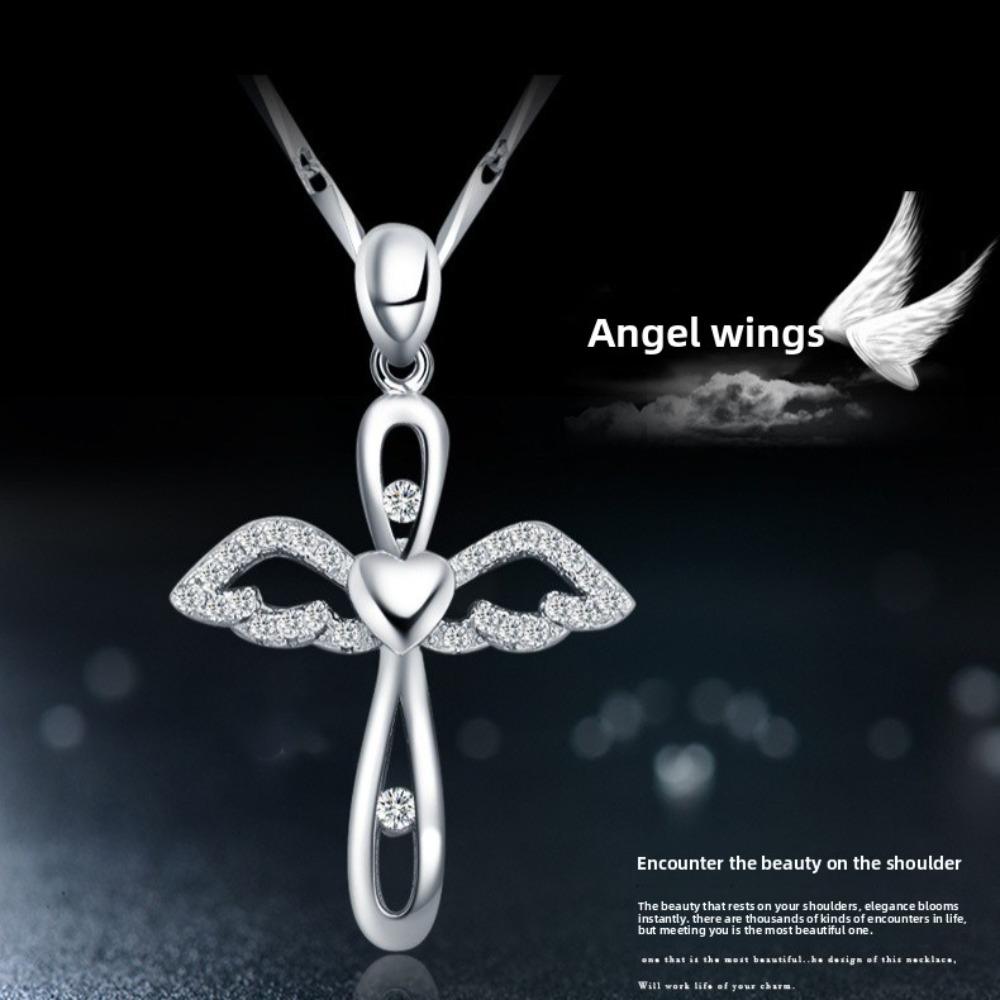 925 Silver Plated Cross Pendant Necklace for Women Angel Wing Cross Chain Collarbone Jewelry