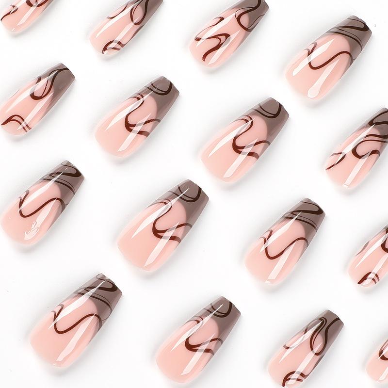 24Pcs/Set Quick Nails Brown French Edge False Nials Sticker Wearable Waterproof Manicure Finished Nails