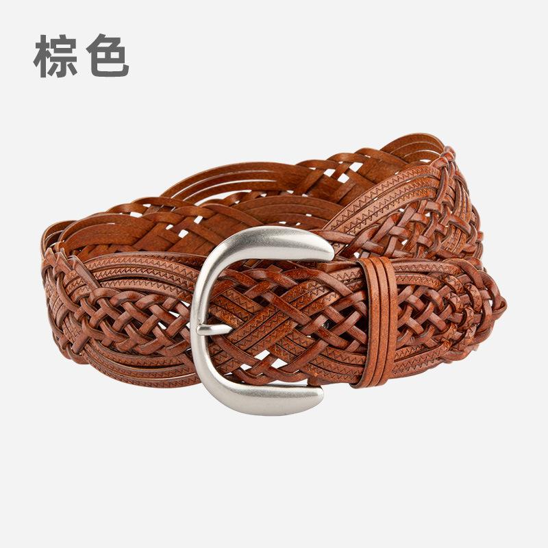 Ремень Новый Модный Богемный Плетеный Ремень Круглая Пряжка Без Пробивания Женский Широкий Ремень 115 коричневый