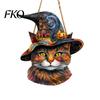 Outdoor Halloween Hanging Sign Wooden Door Sign, Cute Painted Cat Welcome Ornament with Witch Hat Haunted House Pumpkin, Rustic Wall Decor