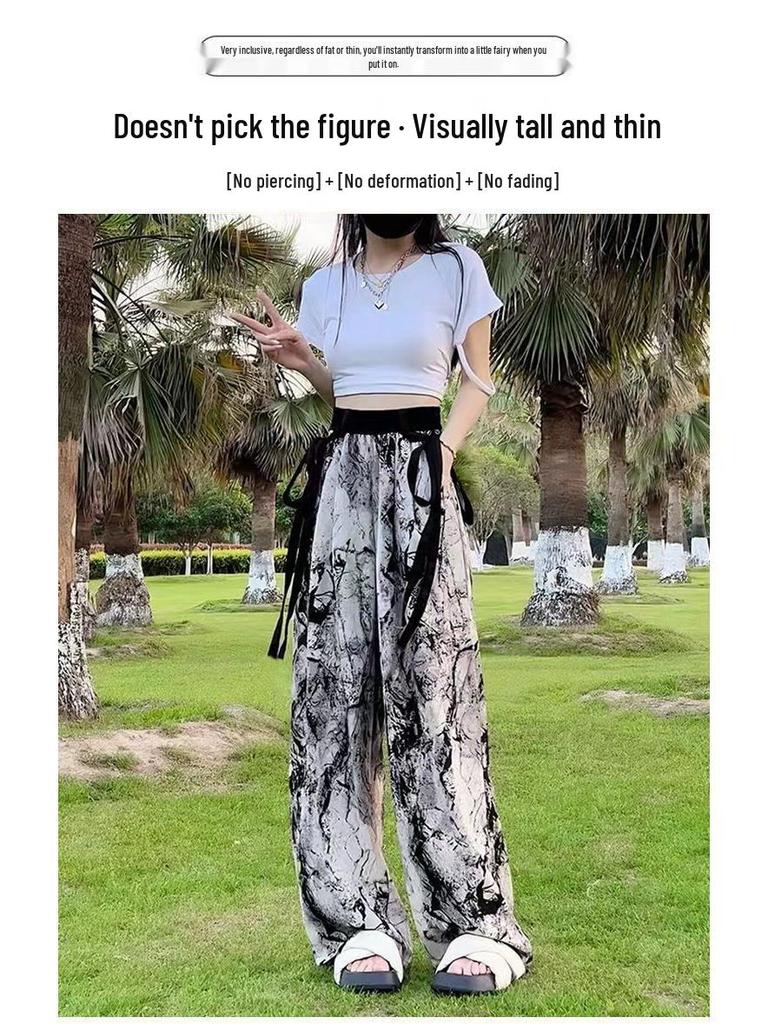 Women's High-Waist Wide-Leg Ink Wash Print Summer Trousers