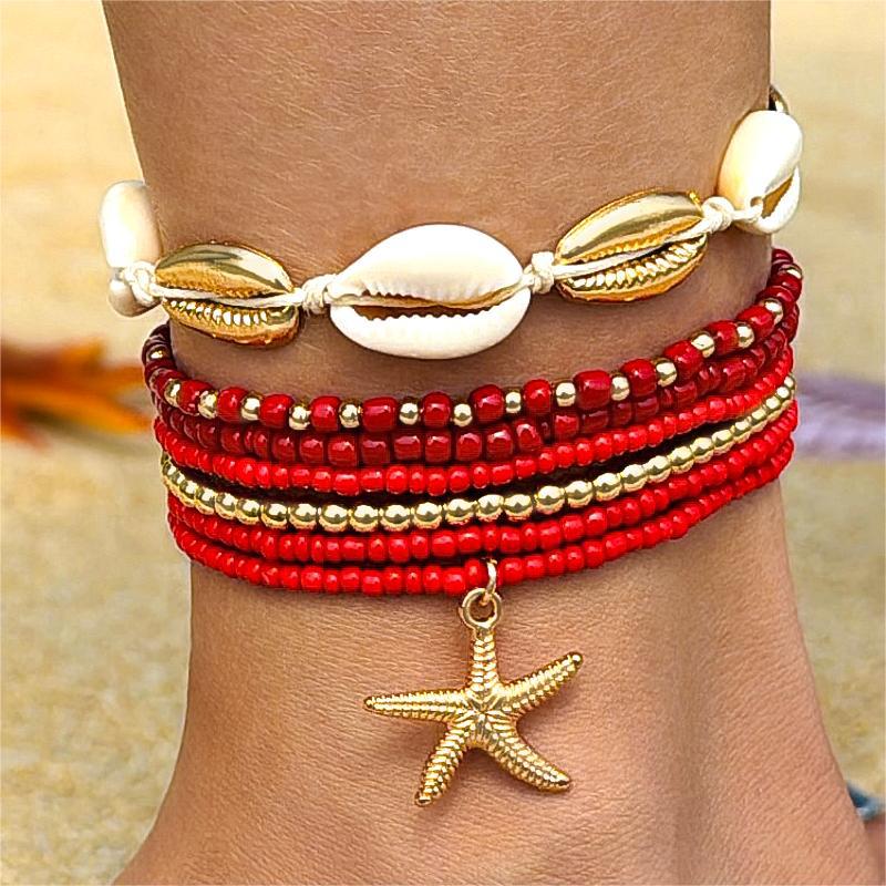 Bohemian Style Bracelets Set for Leisure Vacation Layered Wind Bracelet for Women Beach Starfish Shell Hands Decoration
