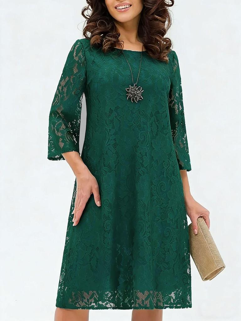 Elegant Seven-Sleeve Round Neck Lace Pleated Dress with Double-Layer Lining