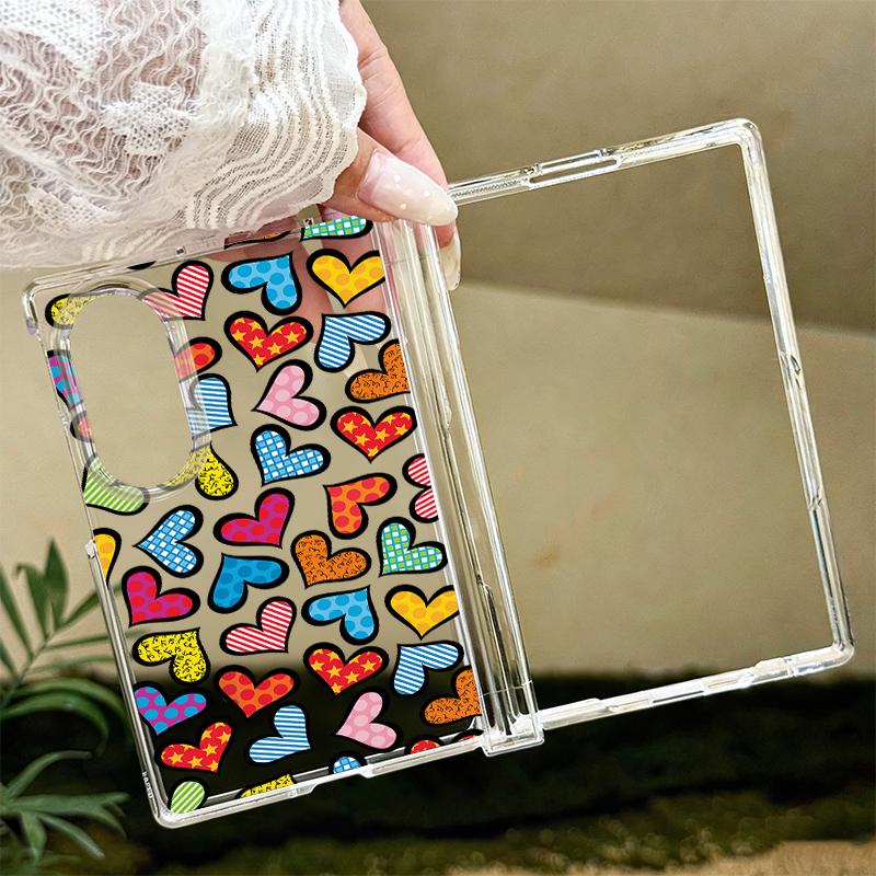 Colorful Leopard Love Heart Case For Samsung Galaxy Z Fold 8 Ultra 7 6 5 4 Z Fold8 Fold7 Fold6 Fold5 Hinged Clear PC Slim Hard Folding Phone Cover