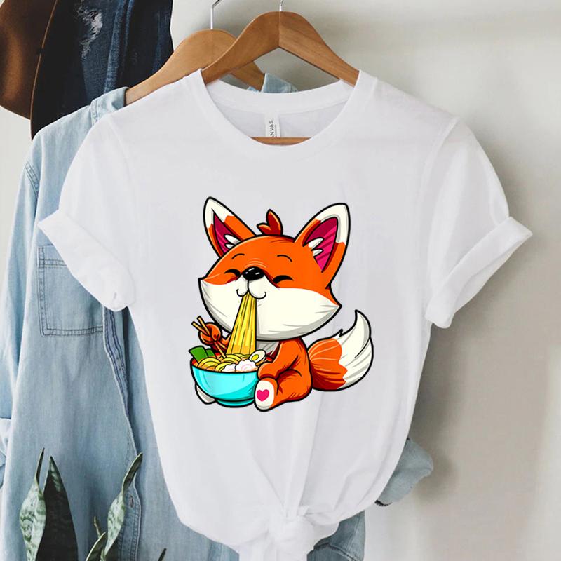 Kawaii Fox Ramen Bowl Anime Women Tshirt Japanese Noodles Shirt Short Sleeve Fashion Streetwear Cartoon Fox Ramen Women Tshirt S