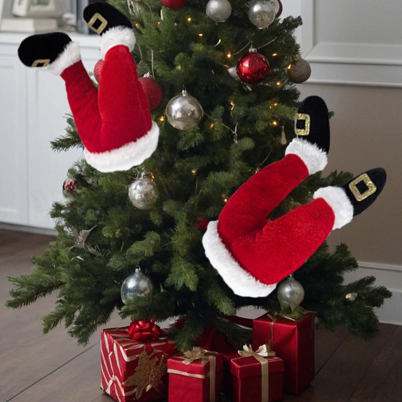 Peluche Père Noël Elfe Jambes Décoration Arbre de Noël Ornements à Suspendre pour Maison Porte Cadeau Fête de Noël Décorations de Noël 1 pièce
