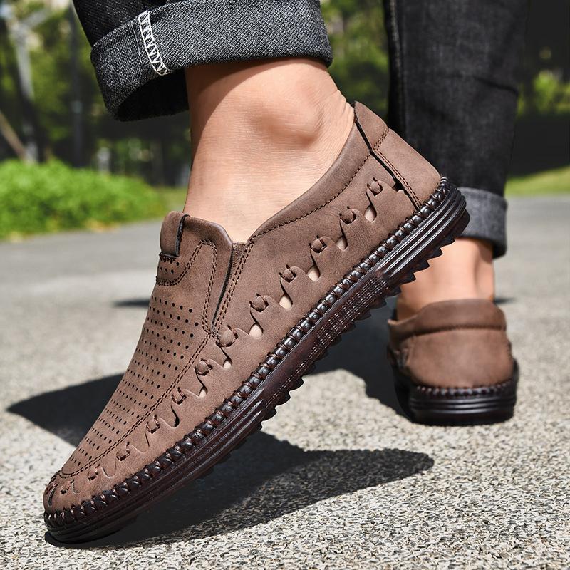 Men's Genuine Leather Casual Shoes Slip On Hollow Shoes Summer Large Size 39-48