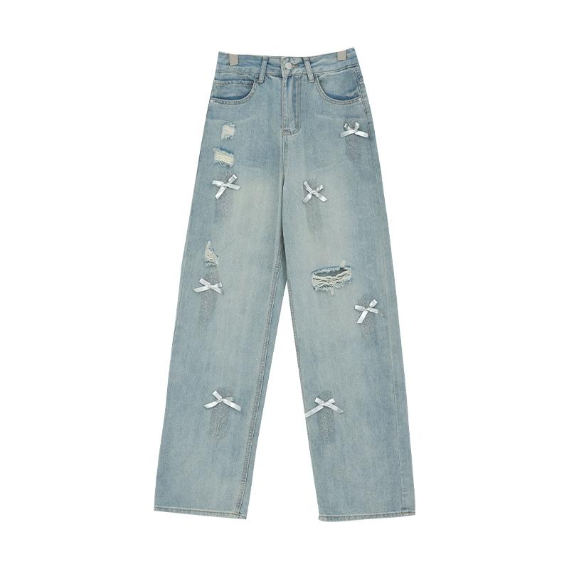 

Рваные джинсы для женщин с высокой талией, прямые брюки, свободные широкие джинсовые брюки, винтажная одежда Y2k, модная одежда больших размеров S светло-синий