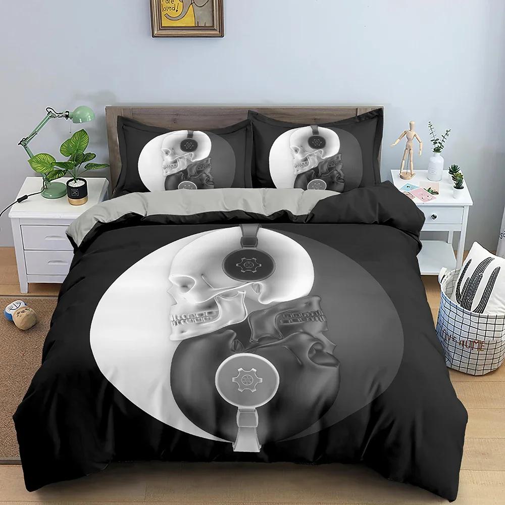 3D-Skelett-Bettwäscheset Totenkopf-Bettbezug 2/3-teilig Bettbezug mit Kissenbezug Queen-King-Size-Bettwäsche aus weichem Mikrofasergewebe