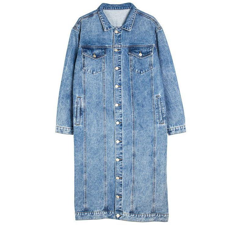 Women Denim Jacket Retro Mid Length Turn-down Collar Button-down Outerwear Solid Color Long Sleeve Coat With Chest Pockets