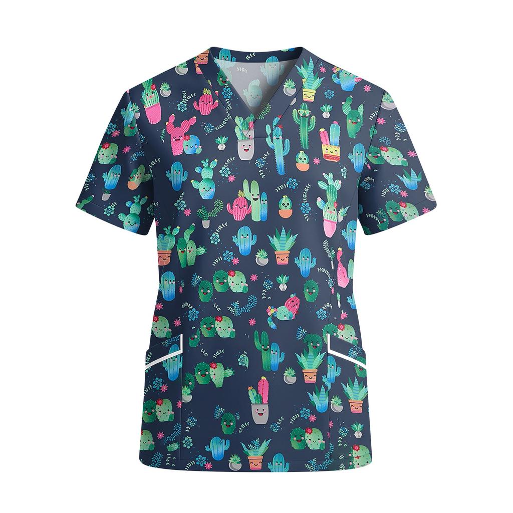 Women V Neck Short Sleeve Printed Scrub Top with Pockets for Work Uniforms Nursing Healthcare
