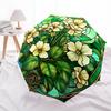 Stained Glass Window Panel with White Flowers, Circular Art Decor Umbrella, Cute Umbrella with Cute Design, Portable 3-Fold Compact Umbrella for Men &
