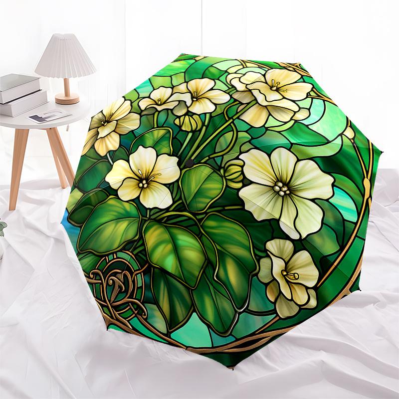 Stained Glass Window Panel with White Flowers, Circular Art Decor Umbrella, Cute Umbrella with Cute Design, Portable 3-Fold Compact Umbrella for Men &