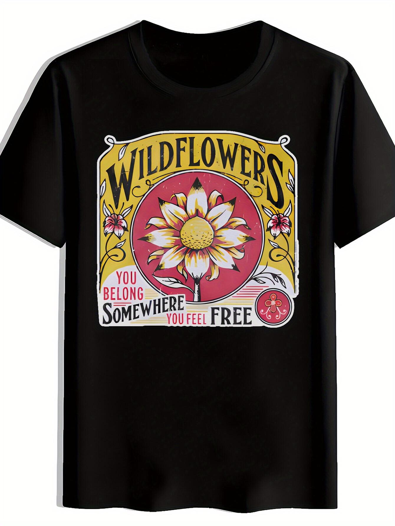 

Vintage Rock Band Graphic T-shirt - Black Short Sleeve Round Neck Casual Summer Tee with Wildflowers & Inspirational Quote Design M