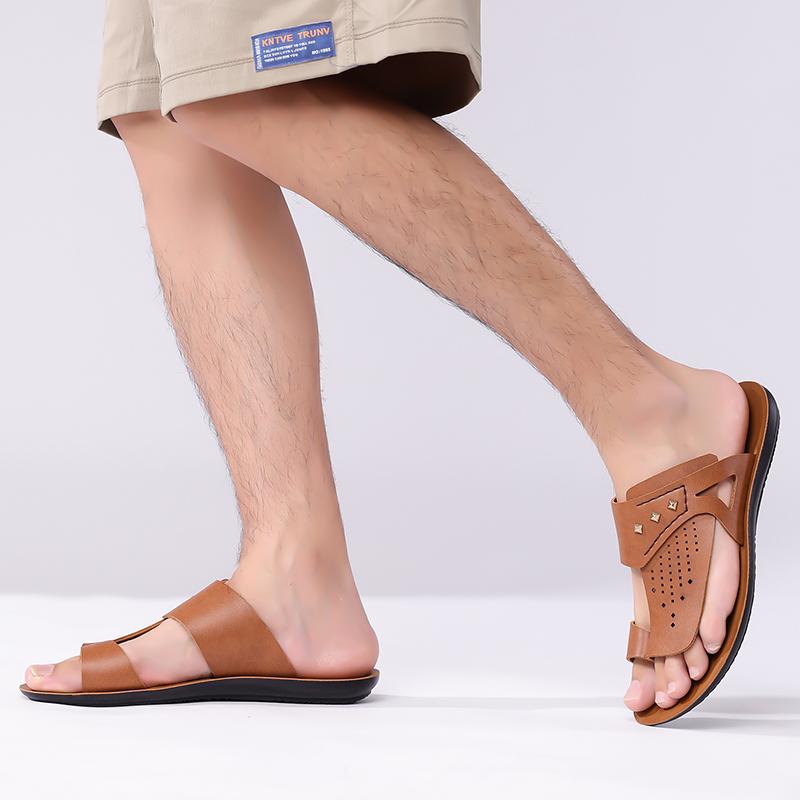 Herren Braune Flache Hausschuhe Sommer Weiß Breite Zehenpartie Römische Sandalen Retro Schwarze Leder Strandschuhe Große Größen