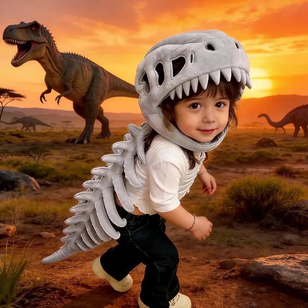 Dino Skelet Pluche Hoofdmasker Cosplay Kostuum Performance Bottenprint Zacht Speelgoed voor Verkleden Feest Rolspel Halloween Outfit gray