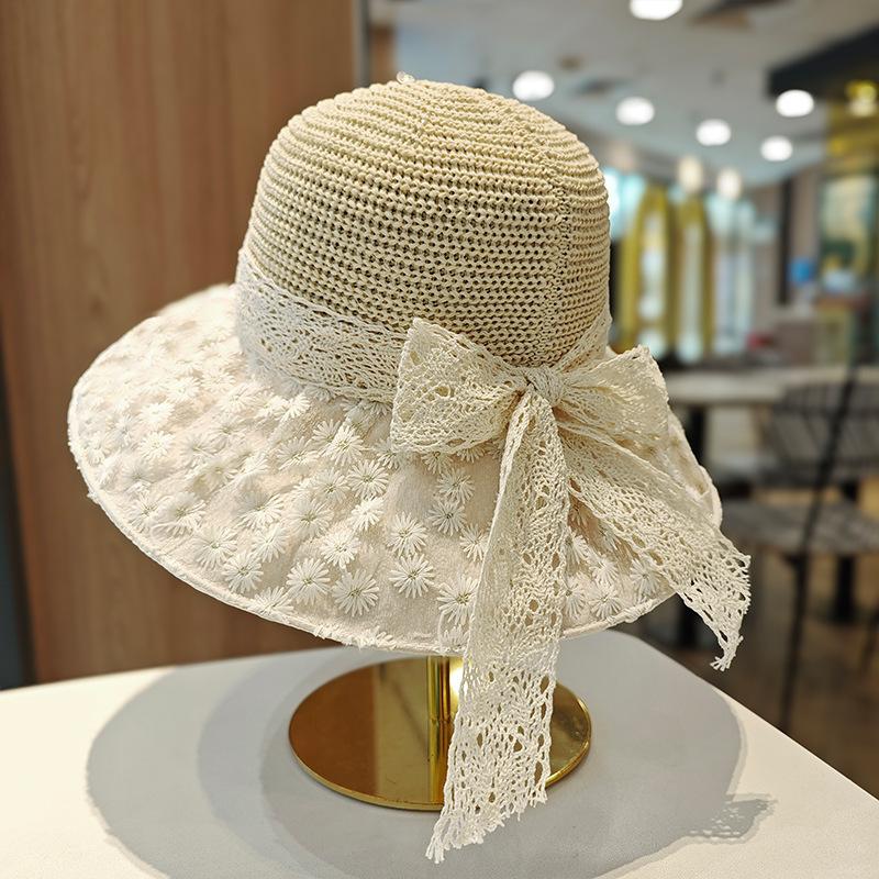 Summer Female Daisy Lace Bow Straw Hat Big Brim Sunshade Sunscreen Hat Fashionable Versatile Bucket Hat