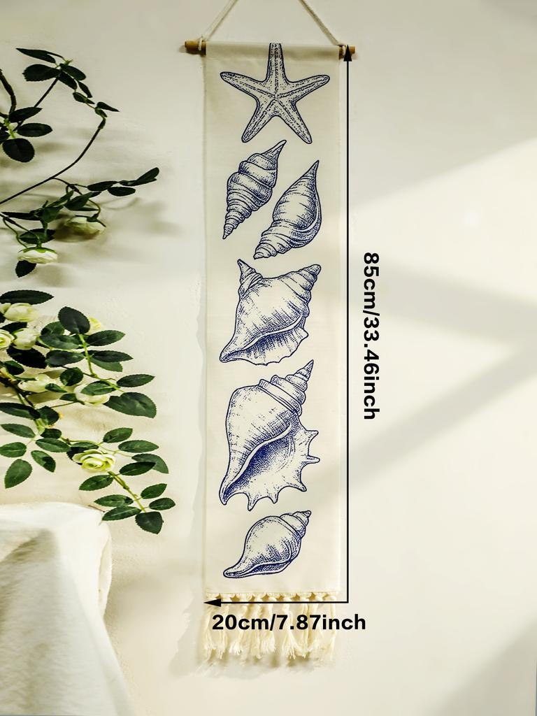 Boho Shell & Conch Wall Tapestry, White Hanging Decor Tapestries with Tassel, Beach Style Home Wall Art for Bedroom, Living Room