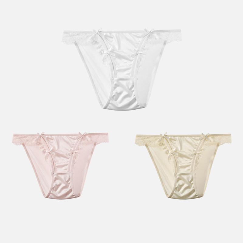 CINOON 3Pcs/Lot Women's Satin Sexy Briefs Lace‑Trim Mesh Spliced Panties Bow‑decor Solid‑Color Hollow‑out Bikini Briefs