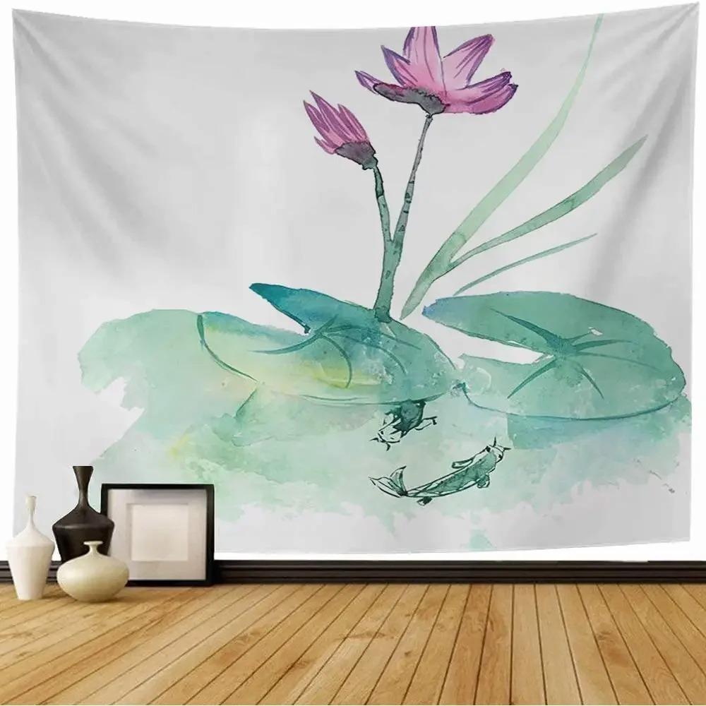 Watercolor Floral Lotus Tapestry Office Living Room Decoration Home Wall Tapestry
