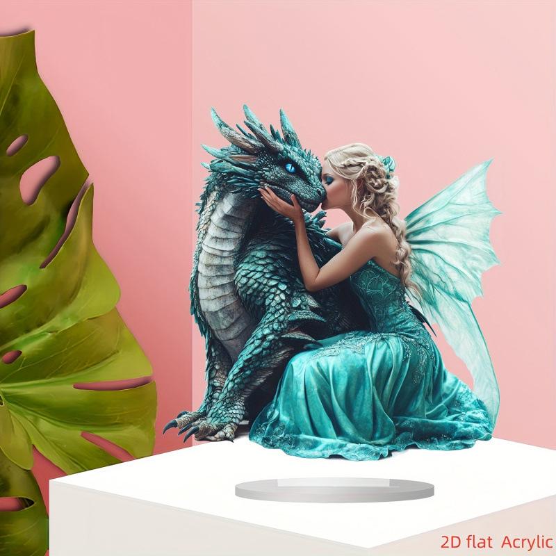 Acrylic Sign Plate with Little Green Dragon & Fairy - Inspirational Desktop Ornament, Home Decoration, Perfect Gift