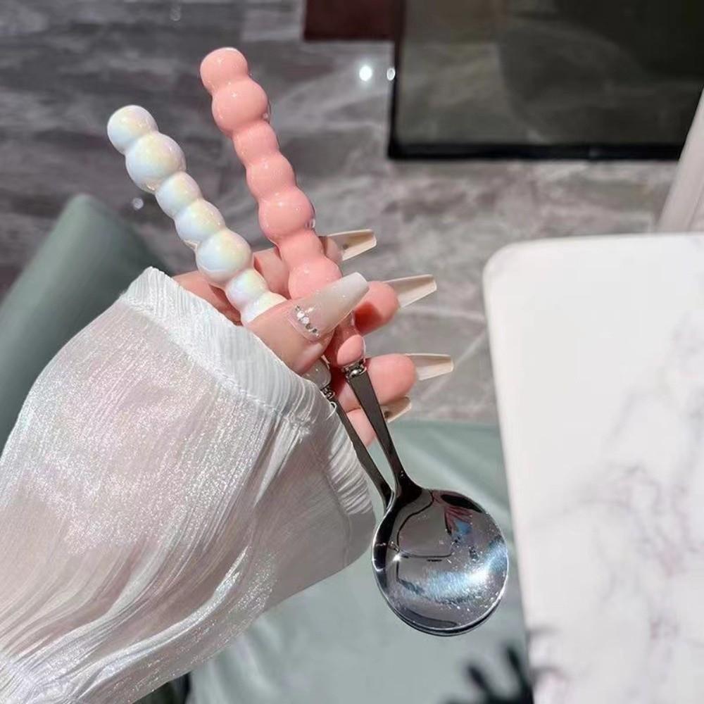 New Stainless Steel Pearl Handle Spoon Imitation Ceramic Five-color Stirring Spoons Long Handled Dessert Spoon Household